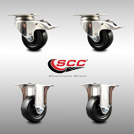 Service Caster 3.5 Inch 316SS Hard Rubber Swivel Top Plate Caster Lock Brake 2 Rigid SCC, 2PK SCC-SS316TTL20S3514-HRS-2-R-2